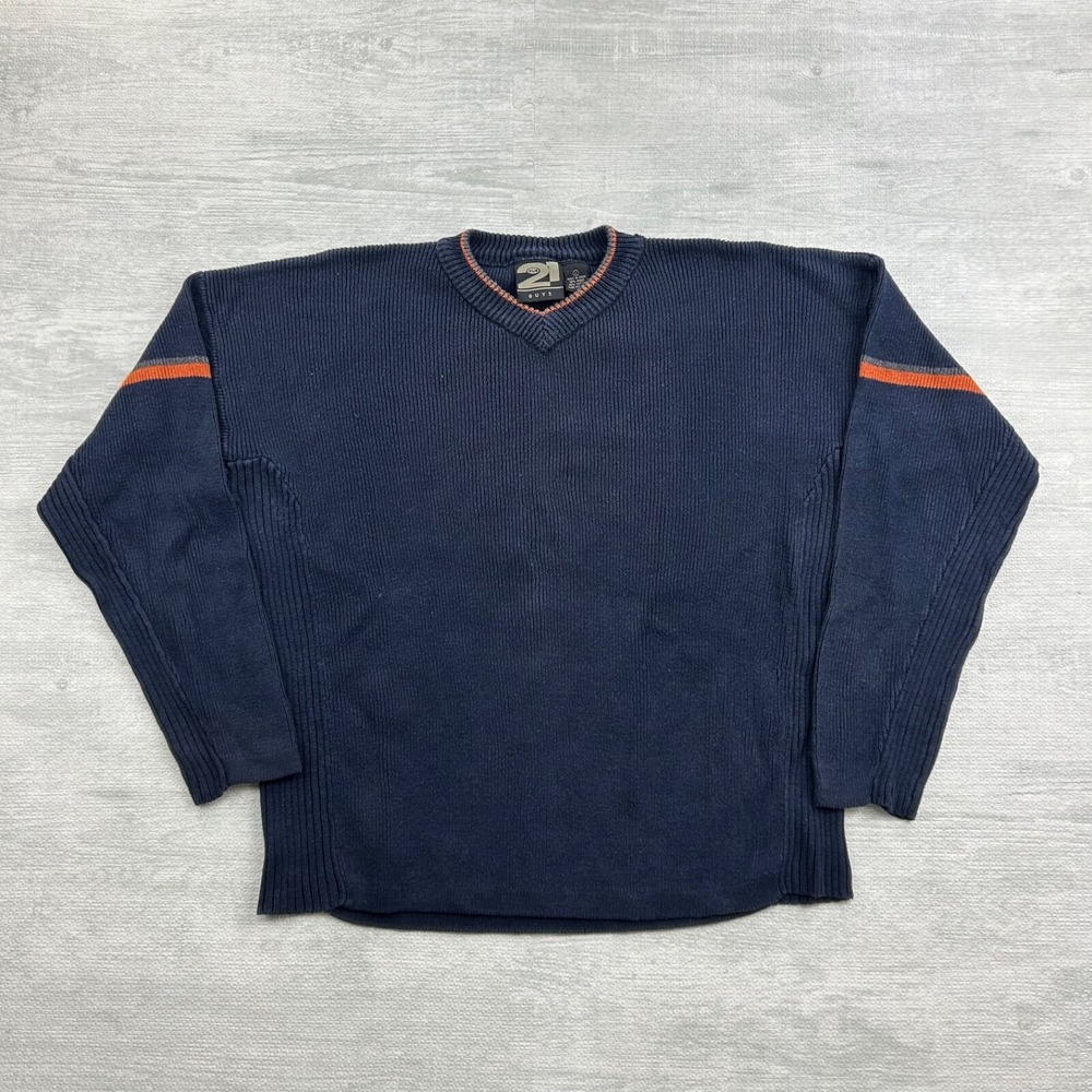 Vintage 90s Rue 21 Sweater Size Large Navy Blue Ribbed Pull Over Striped Boho‎